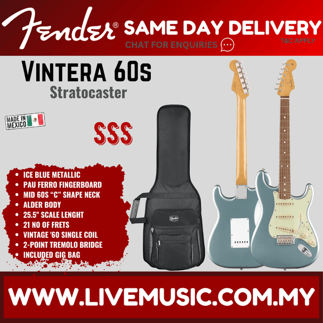 Fender Vintera 60s Stratocaster Electric Guitar, Pau Ferro Fretboard with Bag - Ice Blue Metallic