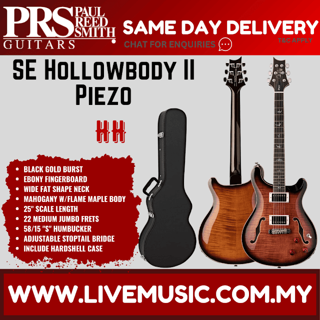 PRS SE Hollowbody II Piezo Electric Guitar with Case - Black Gold Burst