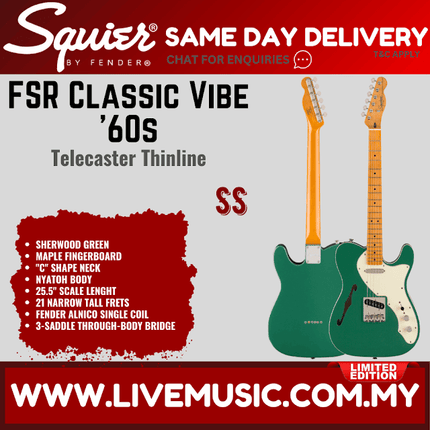 Squier FSR Classic Vibe 60s Telecaster Thinline Electric Guitar, Maple FB, Sherwood Green