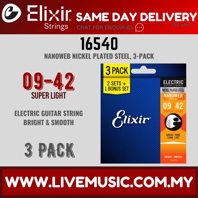 Elixir 16540 Nanoweb Coated Super Light Electric Guitar Strings - 3 Pack (9-42)