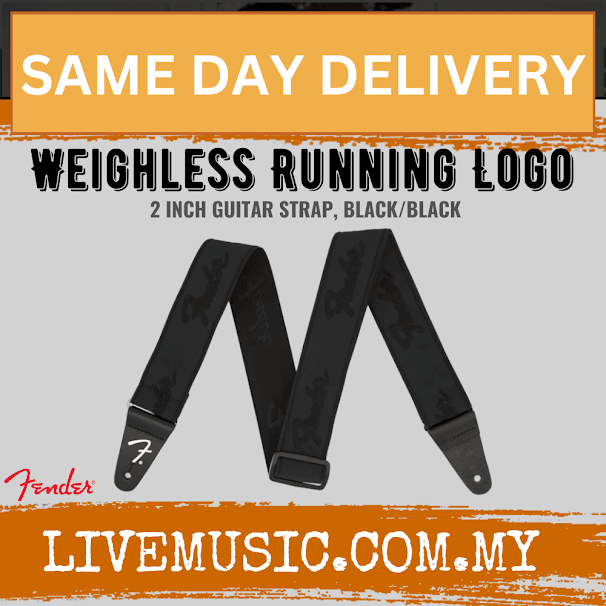 Fender Weighless Running Logo Guitar Strap, 2inch - Black/Black