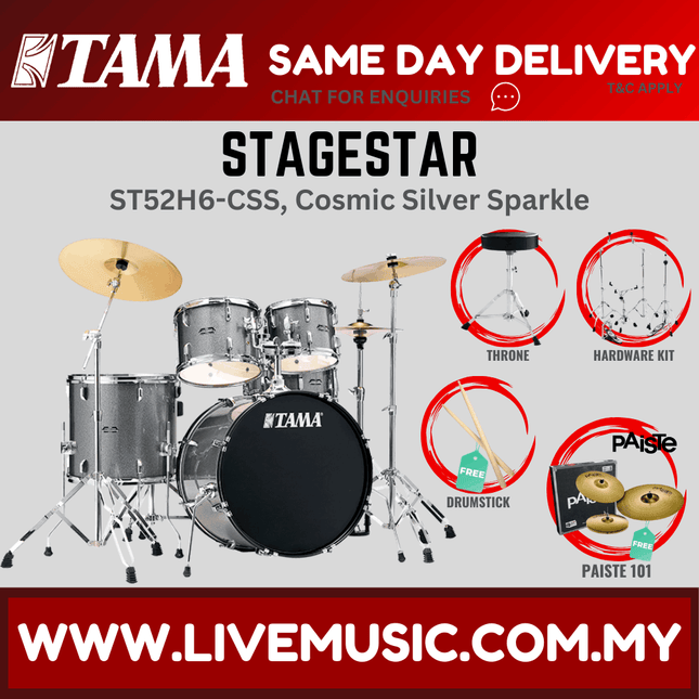 StageStar 5-piece drum set with throne and cymbals, Cosmic Silver Sparkle finish