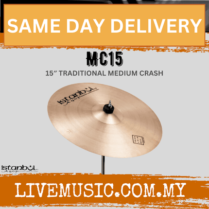 15-inch Traditional Medium Crash cymbal with Istanbul Agop logo, mounted on stand