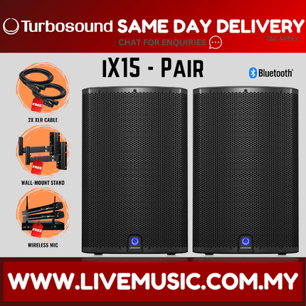 Turbosound iX15 2-Way 15" Powered Loudspeaker w/Wireless Mic, Speaker Stand And Cable - Pair ( iX-15 / iX 15 )