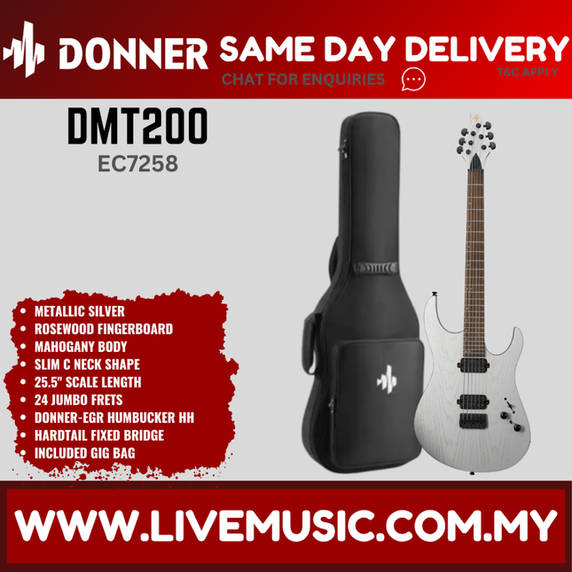 Donner EC7258 DMT-200 Electric Guitar w/Gigbag, Rosewood Fingerboard, Metallic Silver ( DMT200 / DMT 200 )