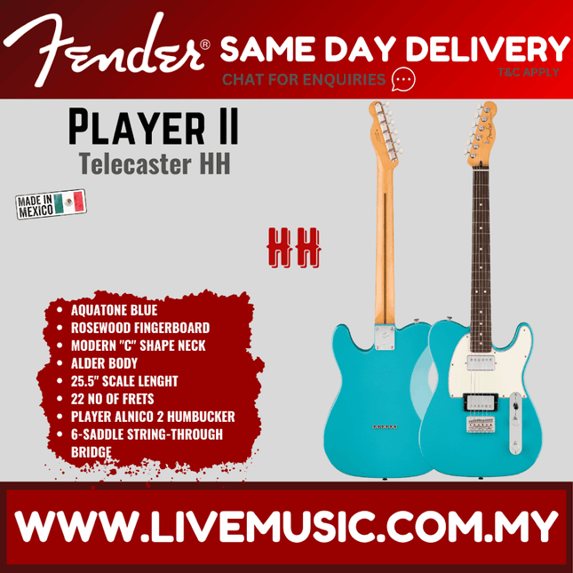 Fender Player II Telecaster HH Electric Guitar, RW FB - Black / Aquatone Blue