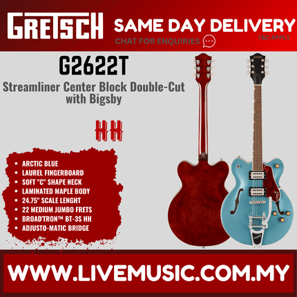 Gretsch G2622T Streamliner Center Block Double-Cut Electric Guitar, Arctic Blue