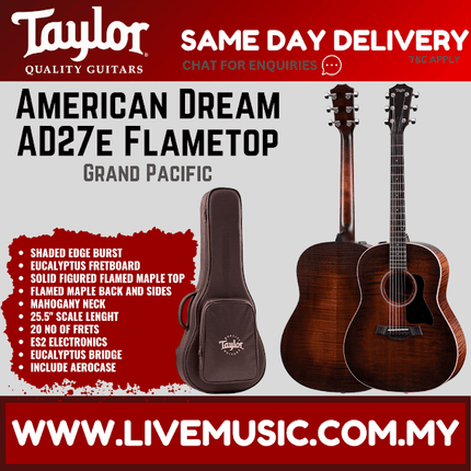 Taylor American Dream AD27e Flametop Grand Pacific Maple Acoustic Guitar w/AeroCase, Natural ( AD 27E / AD-27E )