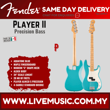 Fender Player II Precision Bass Guitar, Maple FB, Birch Green / Hialeah Yellow / Black / Aquatone Blue