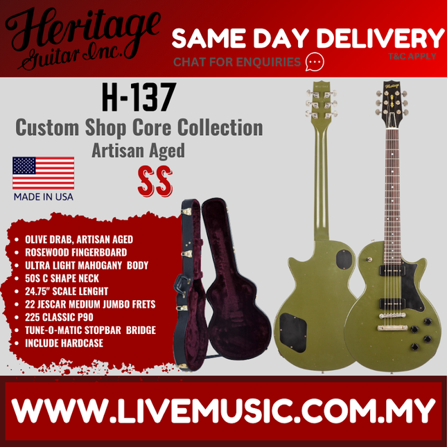 Heritage Custom Shop Core Collection H-137 Electric Guitar, Olive Drab, Artisan Aged ( H137 / H 137 )
