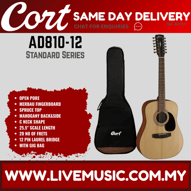 Cort AD-810 12 Strings Acoustic Guitar W/Bag - Open Pore (AD810 12/AD81012)