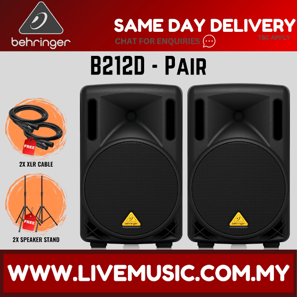 Powered speaker pair with black 12-inch cabinets, plus XLR cable and speaker stand icons