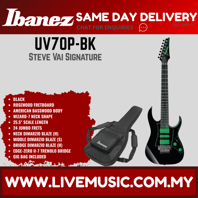 Ibanez UV70P-BK Steve Vai Signature 7-String Electric Guitar w/Case, Black ( UV70P BK / UV70PBK )