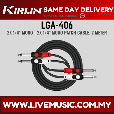 Kirlin LGA-406 2 Meter Dual 1/4 Inch Mono Plug LightGear Audio Patch Interconnect Cable Black (LGA 406/LGA406)