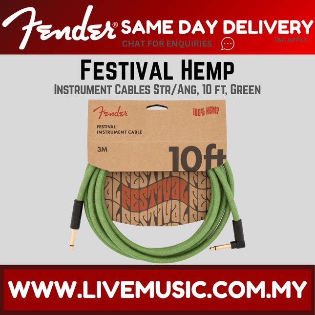 Fender Festival Hemp Angled Instrument Cable, 10ft, Pure Hemp - Green