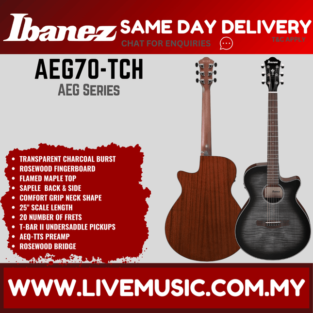 Ibanez AEG70-TCH Acoustic-Electric Guitar Walnut Fretboard - Transparent Charcoal Burst ( AEG70 TCH / AEG70TCH )
