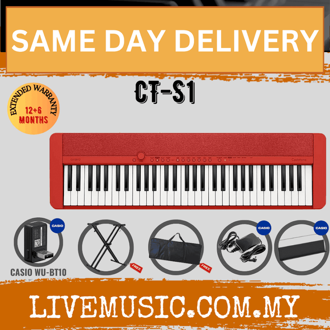 Casio CT-S1 61-key Portable Keyboard w/Keyboard Stand And WU-BT10 Wireless Bluetooth - Red ( CTS1 / CT S1 )