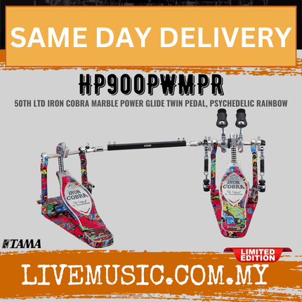 Tama HP900PWMPR 50th Anniv Ltd Ed Iron Cobra Marble Twin Drum Pedal, Power Glide, Psychedelic Rainbow