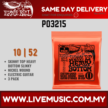 Ernie Ball 3215 Skinny Top Heavy Bottom Slinky Nickel Wound Electric Guitar Strings, 10-52 Gauge, 3-pack