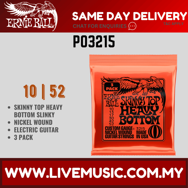 Ernie Ball 3215 Skinny Top Heavy Bottom Slinky Nickel Wound Electric Guitar Strings, 10-52 Gauge, 3-pack