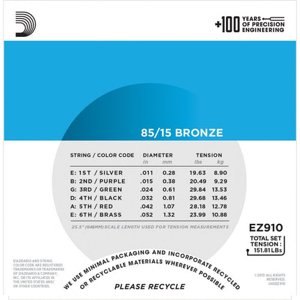 D'Addario EZ910 - 85/15 Bronze Acoustic Strings, Light (11-52)(DAddario)