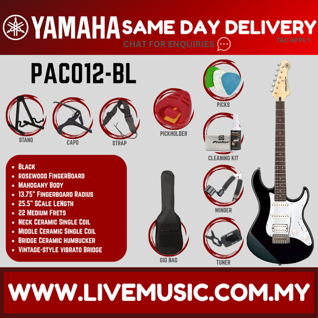 Black Yamaha Pacifica electric guitar bundle with gig bag, tuner, cleaning kit, strap, picks