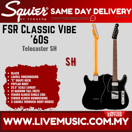 Squier Limited Edition FSR Classic Vibe 60s Telecaster SH Electric Guitar, Laurel FB, Black