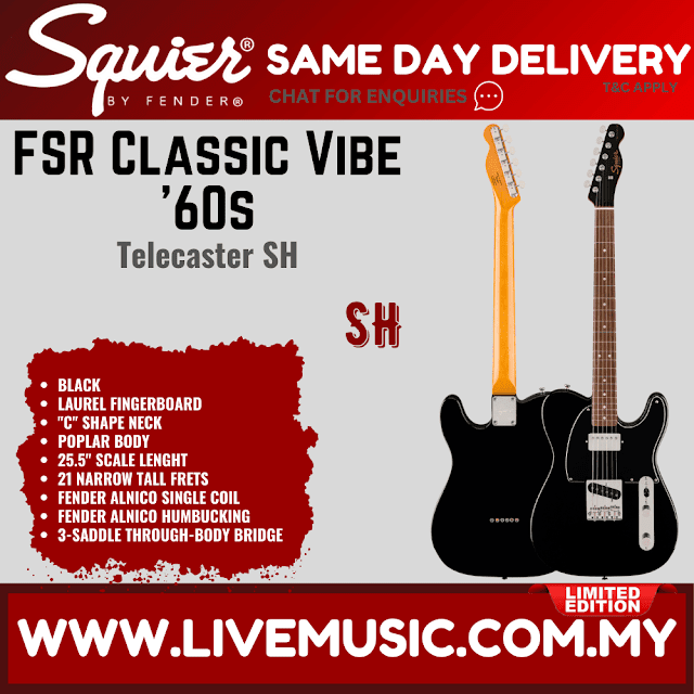 Squier Limited Edition FSR Classic Vibe 60s Telecaster SH Electric Guitar, Laurel FB, Black