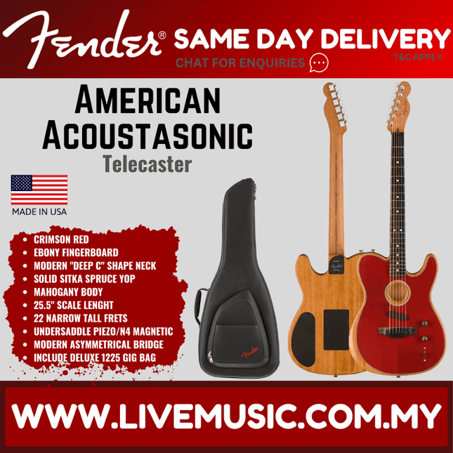 Crimson red acoustic-electric Telecaster guitar with black padded gig bag