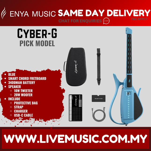 Blue stringless guitar with case, strap, and accessories shown in a bundle