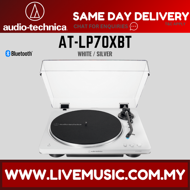 White and silver fully automatic wireless belt-drive turntable with open lid and platter
