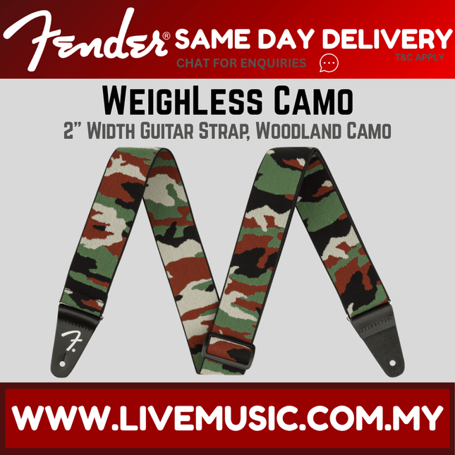 Woodland camo 2-inch guitar strap with dark gray leather-style ends and adjuster