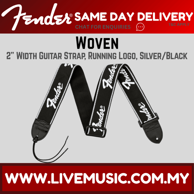 Woven guitar strap in black with silver Fender logo, adjustable ends and buckle