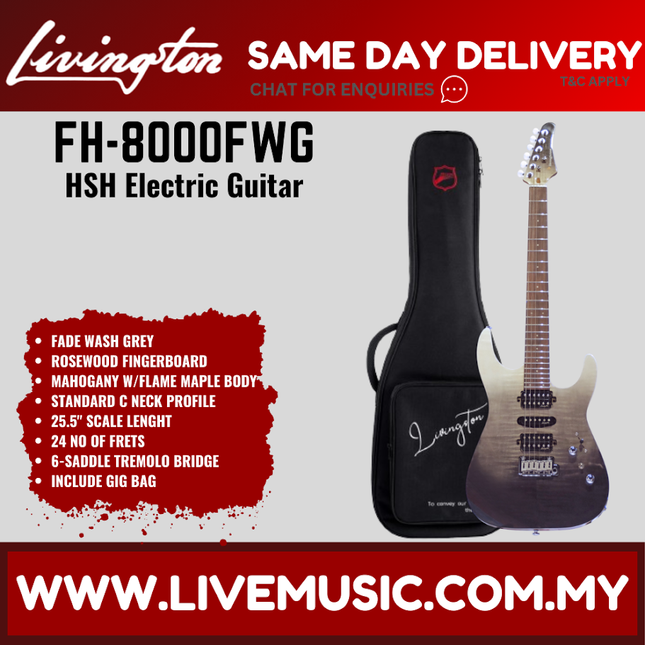 Livingston FH-8000-PACK Stratocaster HSH Electric Guitar w/GA15II Amplifier, Rosewood Fretboard - Fade Wash Grey( FH8000 FH 8000 )