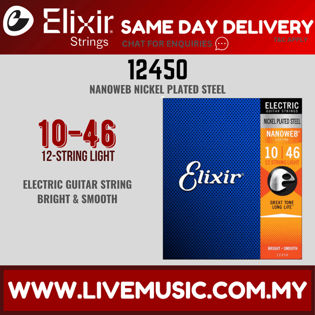 Elixir 12450 Nanoweb Electric Guitar Strings, 12-String Light, 10-46