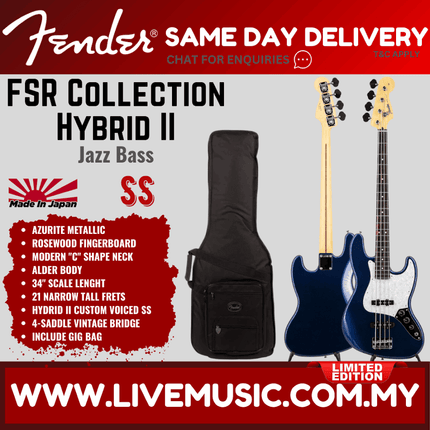 Fender FSR Collection Hybrid II Jazz Bass Guitar, RW FB, Azurite Metallic