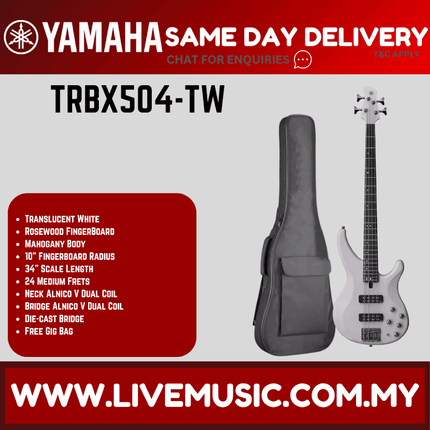 Yamaha TRBX504 4-string Electric Bass Guitar - Translucent White ( TRBX 504 / TRBX-504 )