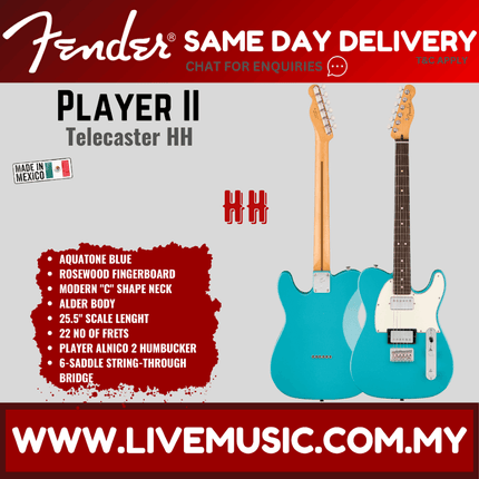 Fender Player II Telecaster HH Electric Guitar, RW FB - Aquatone Blue
