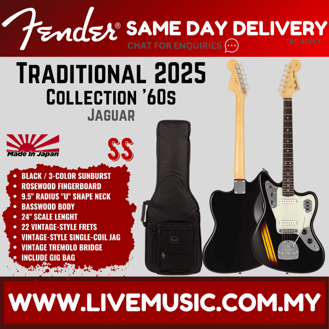 Fender Japan Traditional 2025 Collection 60s Jaguar Electric Guitar, RW FB, Black / 3-Tone Sunburst
