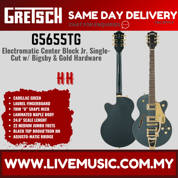 Green single-cut electric guitar with Bigsby and gold hardware, laurel fretboard