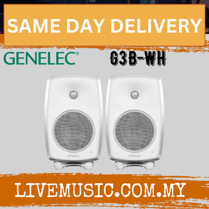 White Genelec G Three 2-way powered bookshelf speaker pair with front grille