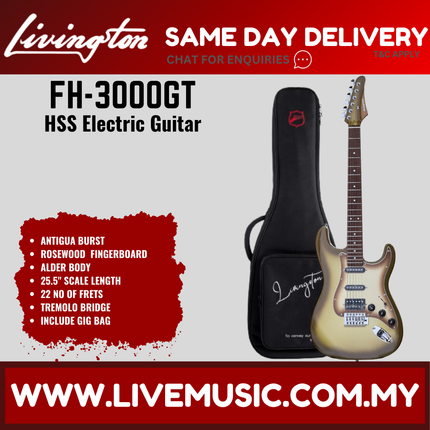 Livingston FH-3000-PACK Stratocaster HSS Electric Guitar w/GA15II Amplifier, Roasted Maple Fretboard - Antigua Burst( FH3000 FH 3000 )