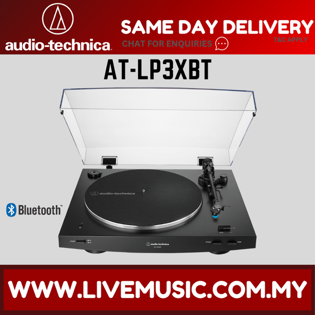 Black belt-drive stereo turntable with spinning record and tonearm, Bluetooth