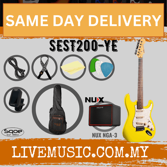 SQOE SEST200 Stratocaster SSS 6-String Electric Guitar with NUX Mighty Lite - Yellow ( SEST 200 / SEST-200 / NGA-3 / NGA3 )