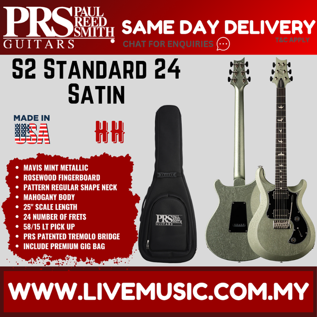 PRS S2 Standard 24 Satin Electric Guitar, Mavis Mint Metallic