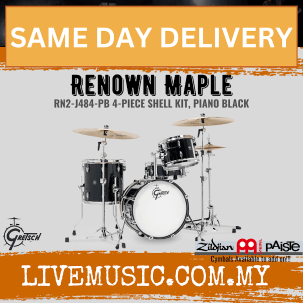 Piano black 4-piece maple drum shell kit with bass drum and toms, mounted cymbals