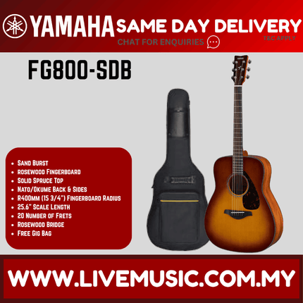 Yamaha FG800 41" Dreadnought Solid Sitka Spruce Top Acoustic Guitar- Sand Burst (FG 800)