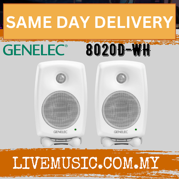 Genelec 8020D-WH powered studio monitor speakers, white pair with dual drivers