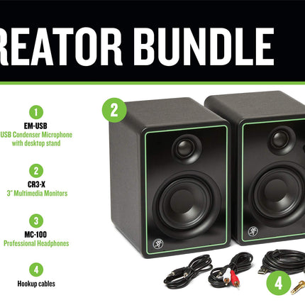 Mackie Creator Bundle With EM-USB Microphone, CR3-X Monitors, MC-100 Headphone And Mic Stand (EM USB / CR3X / MC100)