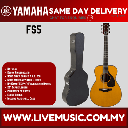 Natural acoustic guitar with hard shell case, visible headstock, strings, and bridge